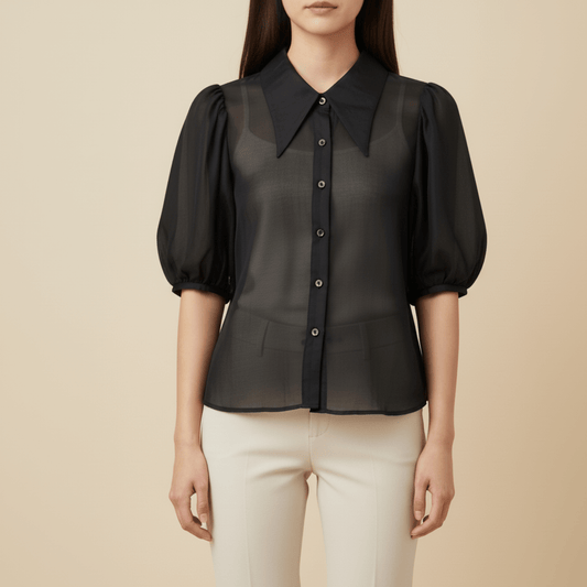 Modern Dynasty Vintage Vogue Black Bubble Sleeve Blouse