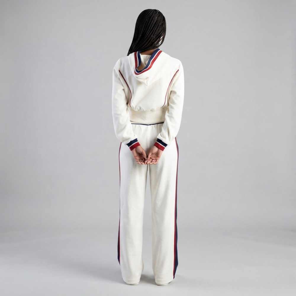 Women's cream Sissy Boy zip-up hoodie and matching wide leg track pants with contrast stripe detailing