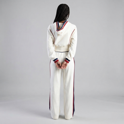 Women's cream Sissy Boy zip-up hoodie and matching wide leg track pants with contrast stripe detailing