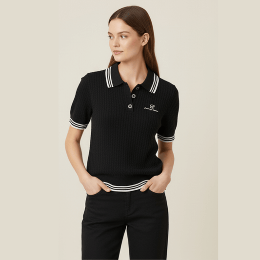 Women’s black knit golf polo with embroidered logo