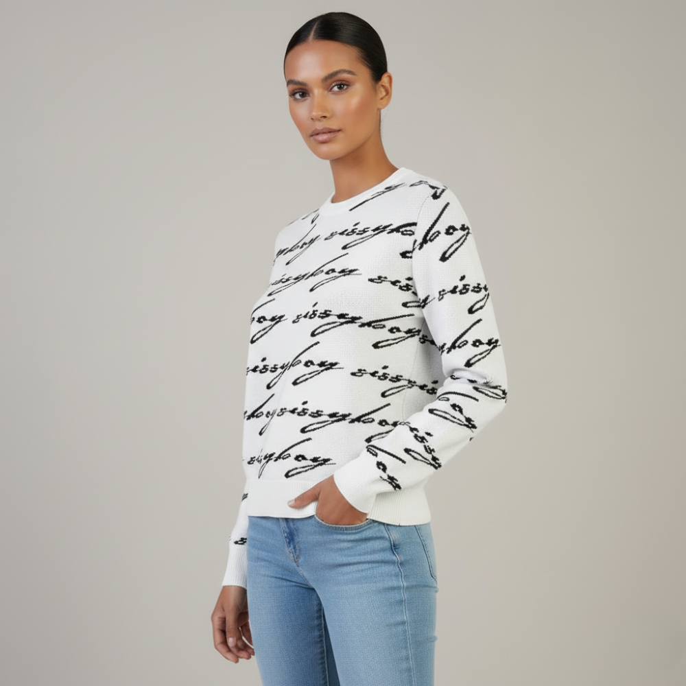 Women’s Sissy Boy See Me Knit Sweater white black script print trendy winter top