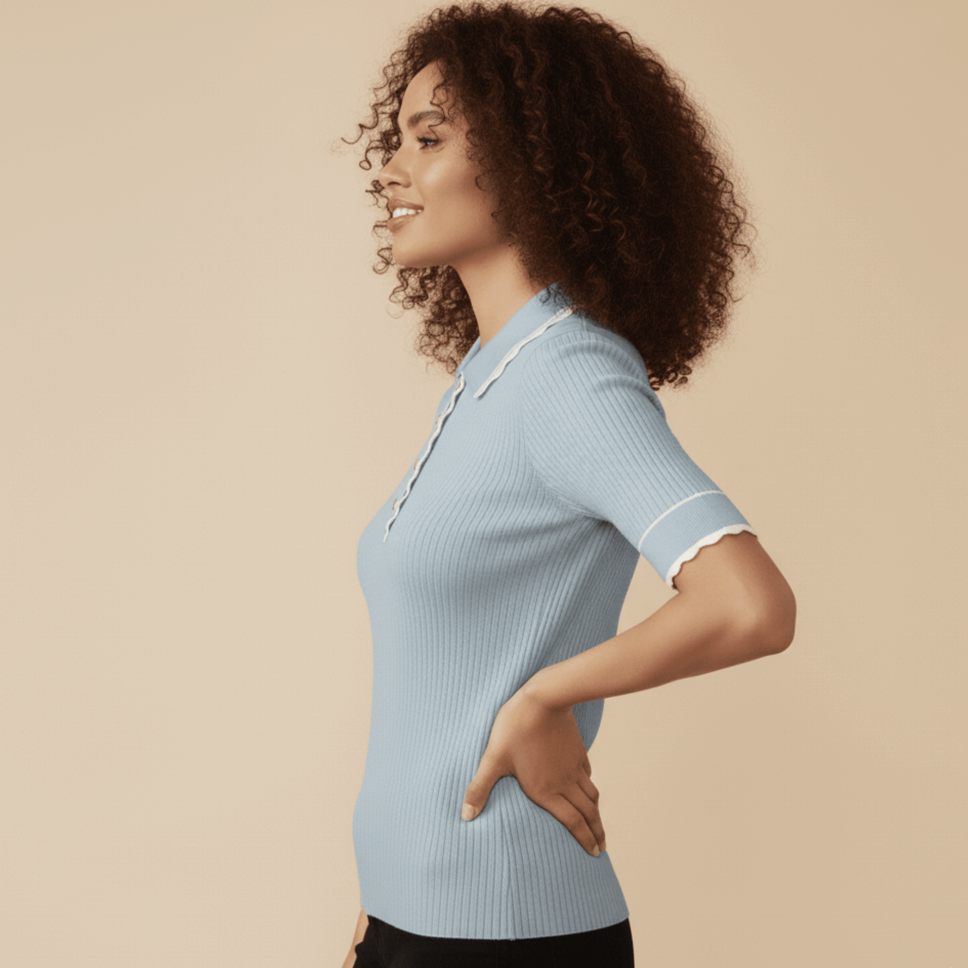 Women’s powder blue ribbed knit golf shirt by Modern Dynasty