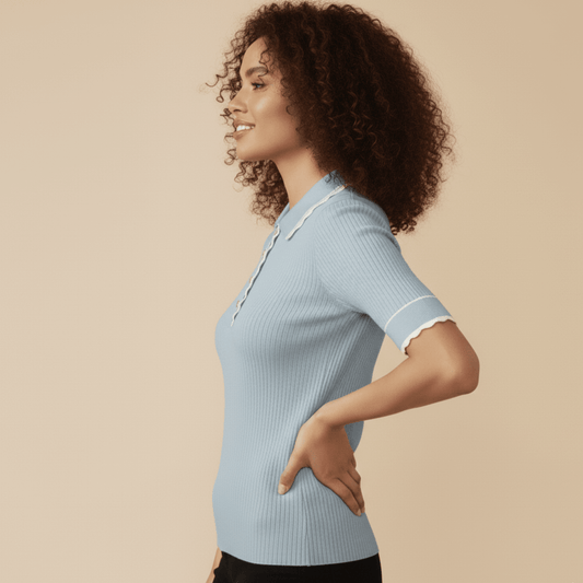 Women’s powder blue ribbed knit golf shirt by Modern Dynasty