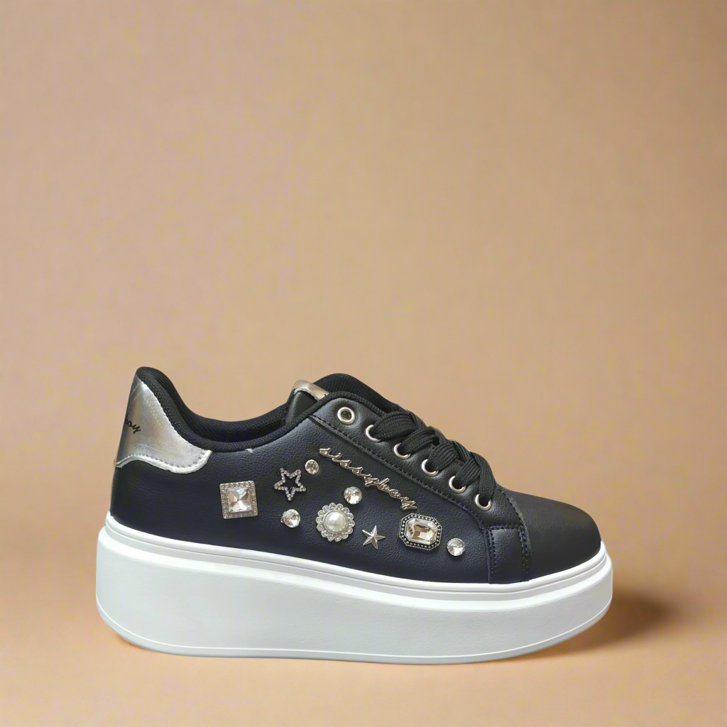Gemy black platform sneaker with gem and metallic detail by Sissy Boy