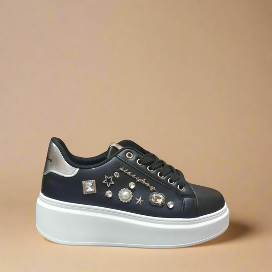 Gemy black platform sneaker with gem and metallic detail by Sissy Boy