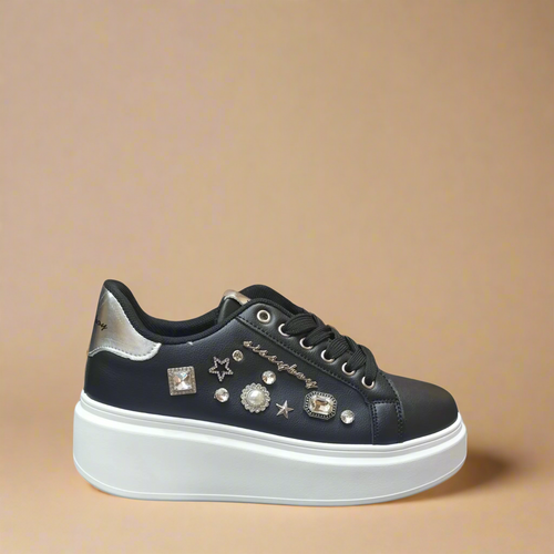 Gemy - Black Platform Sneaker With Gem Detail