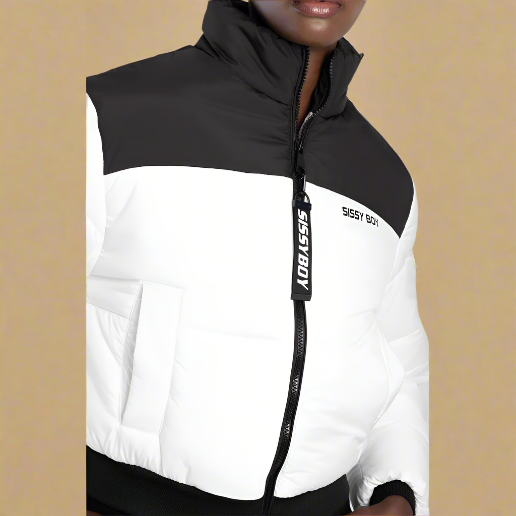 Women's quilted black and white puffer jacket by Sissy Boy, featuring a high collar and modern cropped design.