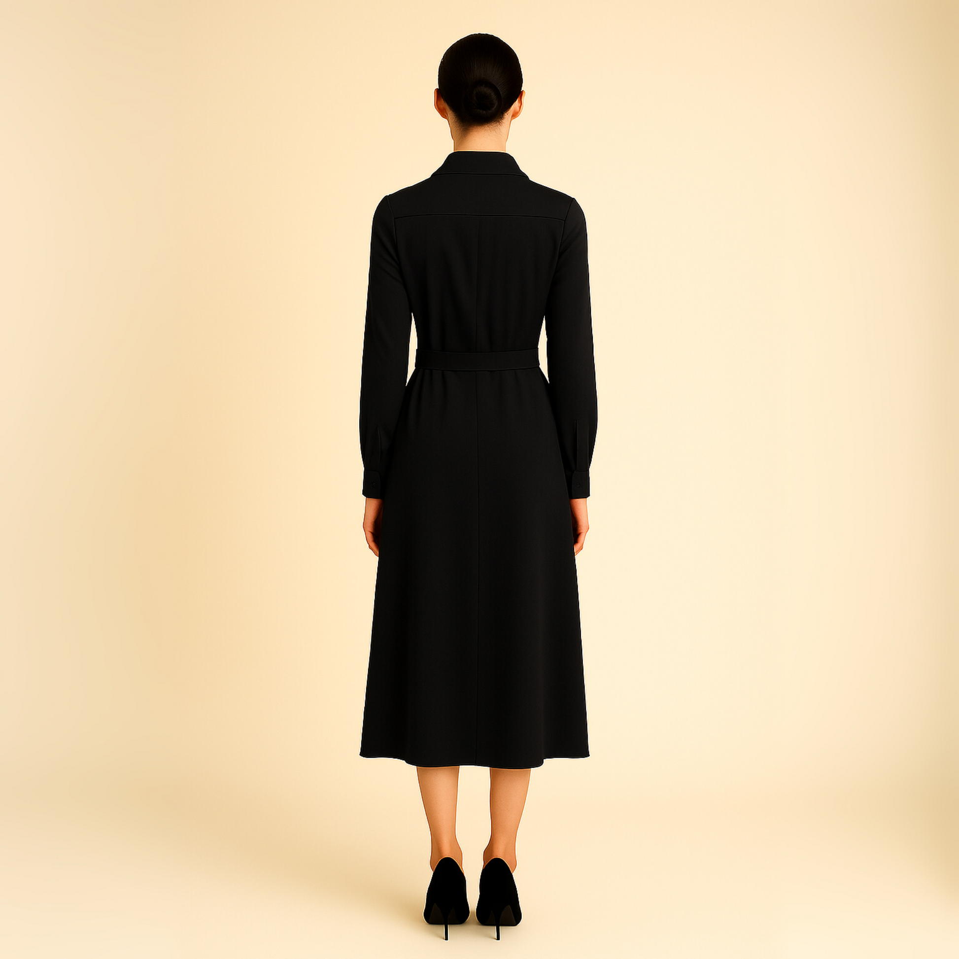 Modern Dynasty black maxi dress, button-front, belted, and collared for versatile women’s style
