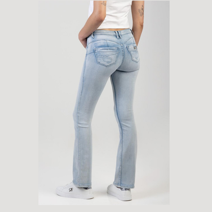 Light wash women's stretch bootcut jeans with flattering Bum Booster design.
