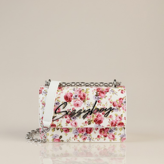 Sissy Boy Fancy Florals Crossbody Bag with pink and purple floral print and silver logo