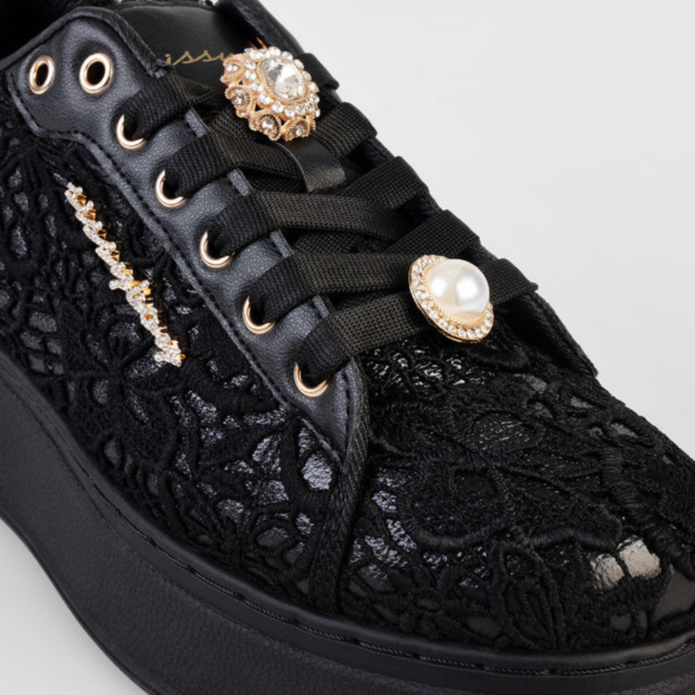 Sissy Boy Yvette black lace-up platform sneaker with decorative charms