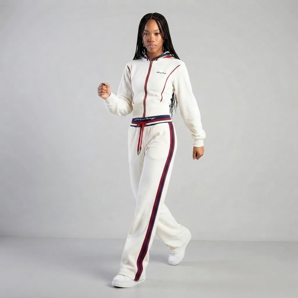 Sissy Boy cream athleisure tracksuit featuring hooded track jacket and relaxed fit track pants for women