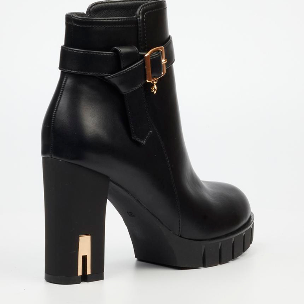 Miss Black black faux leather ankle boot with decorative gold buckle