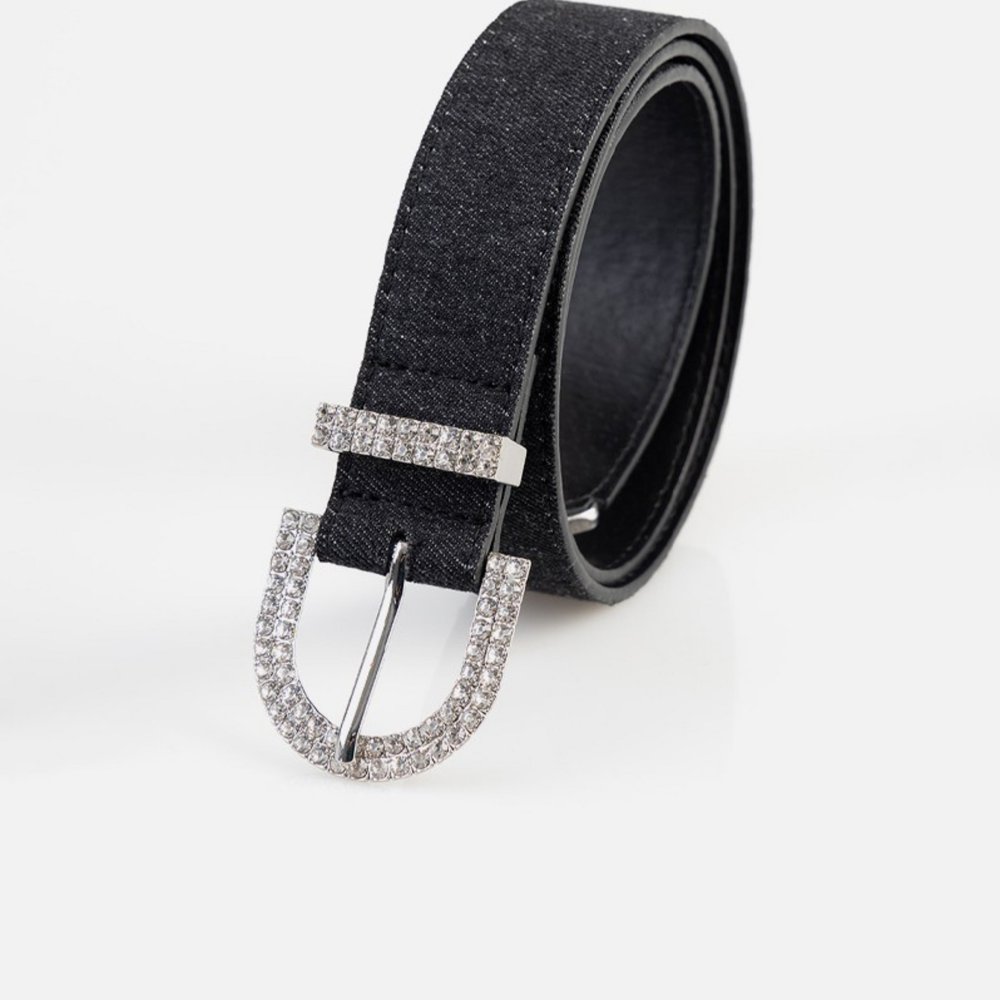 Luxury black denim belt with shiny diamante buckle – Sissy Boy