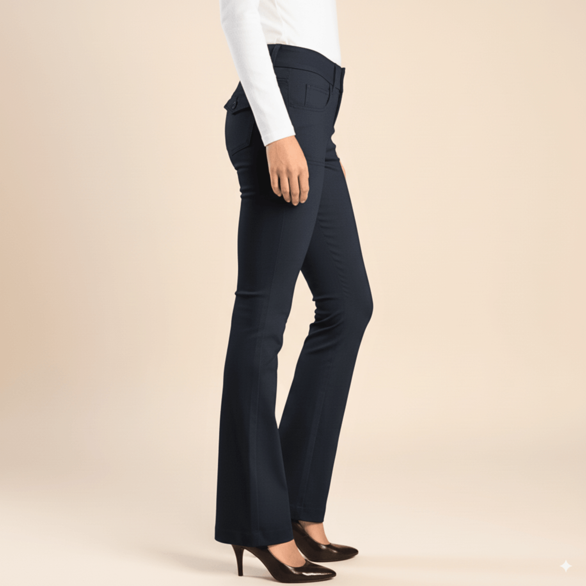 Sissy Boy women’s navy mid-rise work pants, stylish bootleg cut with 4 pockets