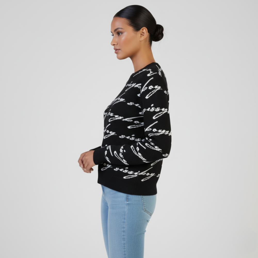 Women’s Sissy Boy See Me Knit Sweater black white script print trendy winter top