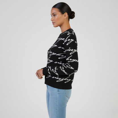 Women’s Sissy Boy See Me Knit Sweater black white script print trendy winter top