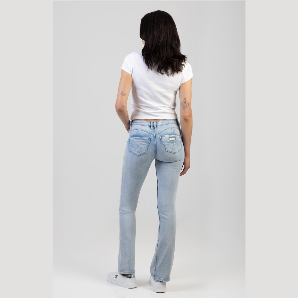 Ladies low-rise light blue bootleg jeans perfect for everyday casual styling.