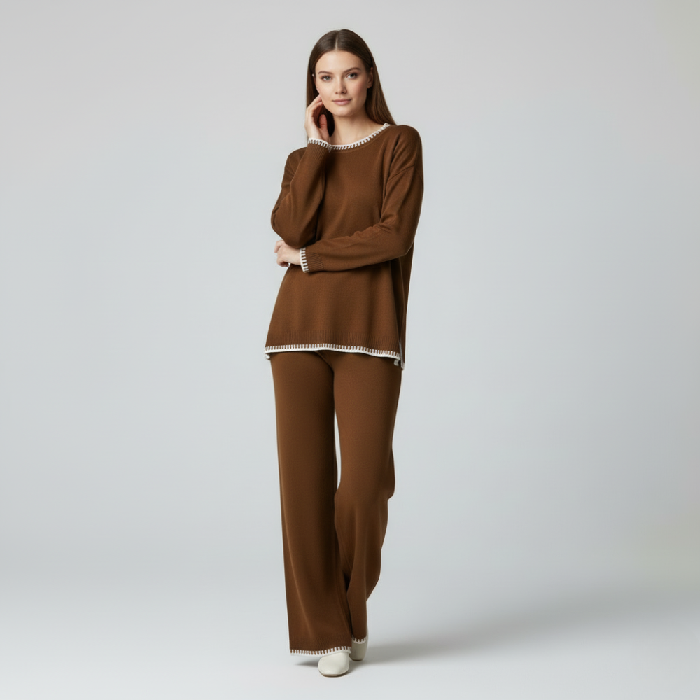 Brown knit sweater and wide leg pants matching set