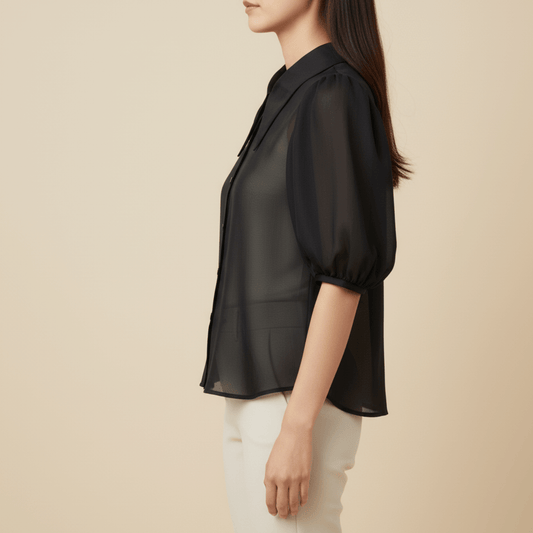 Black chiffon blouse with dramatic bubble sleeves and pointed collar