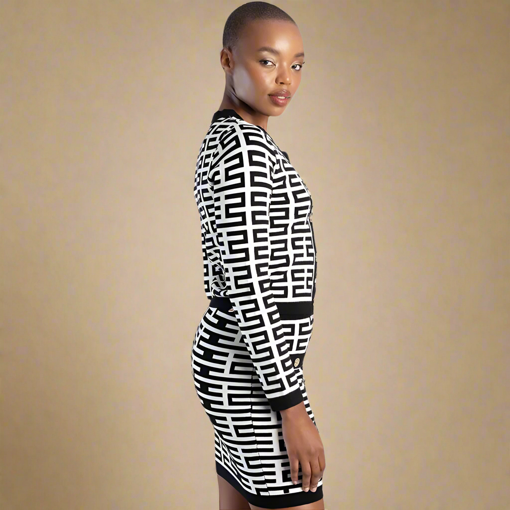 Elegant Sissy Boy formal knitwear set featuring bold patterns and gold accents.