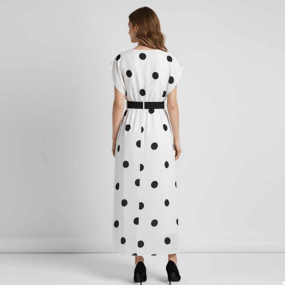  Classic long polka dot dress with wide cap sleeves and black high heels.