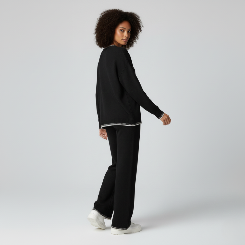 Black knit two-piece outfit with contrast trim