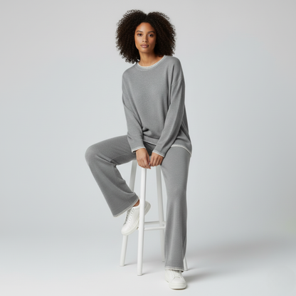 Grey two-piece outfit with contrast detail