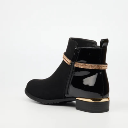 Elegant black ankle boot for women with sparkle embellishment and almond toe