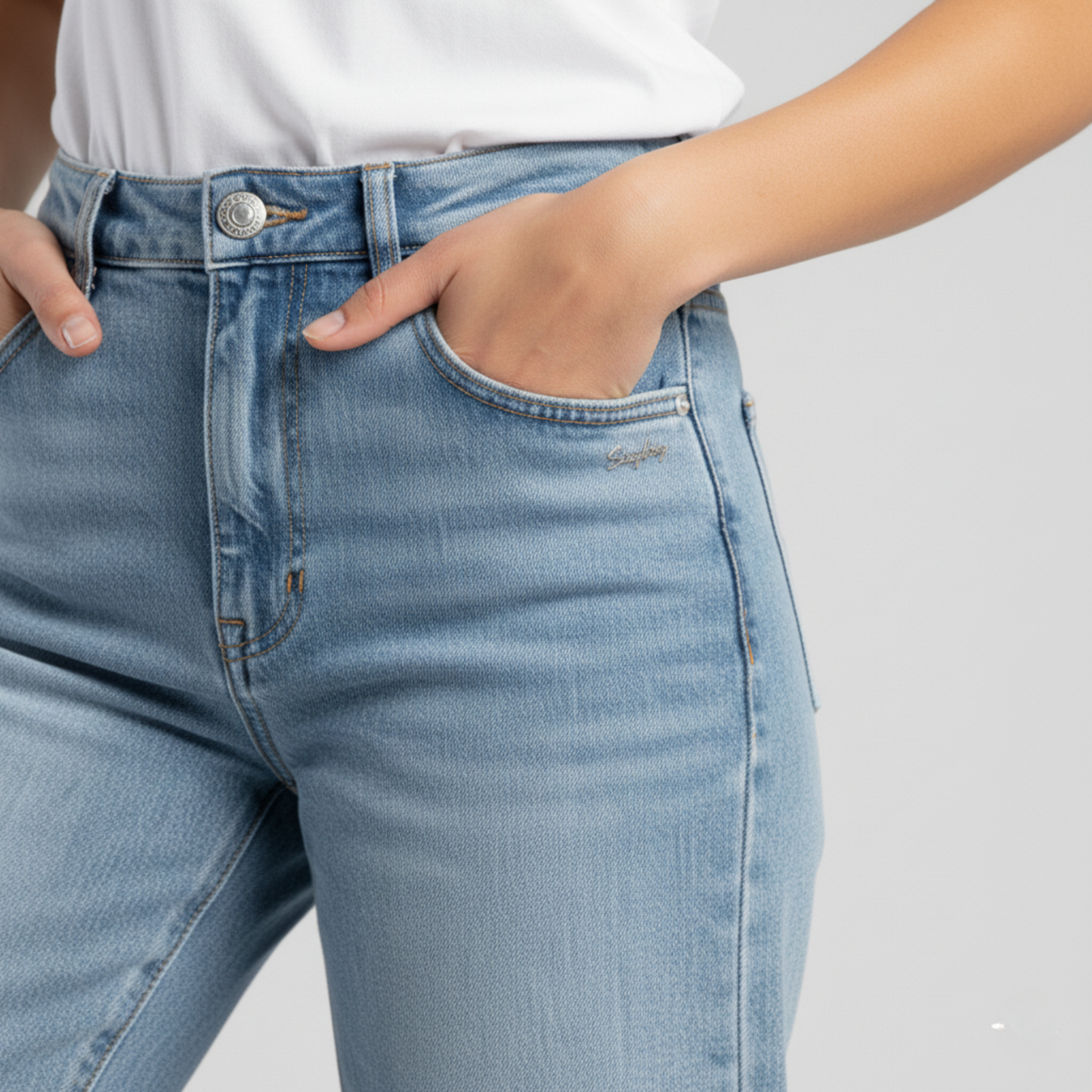 High waist stretch denim wide leg jeans for women by Sissy Boy – light blue vintage wash