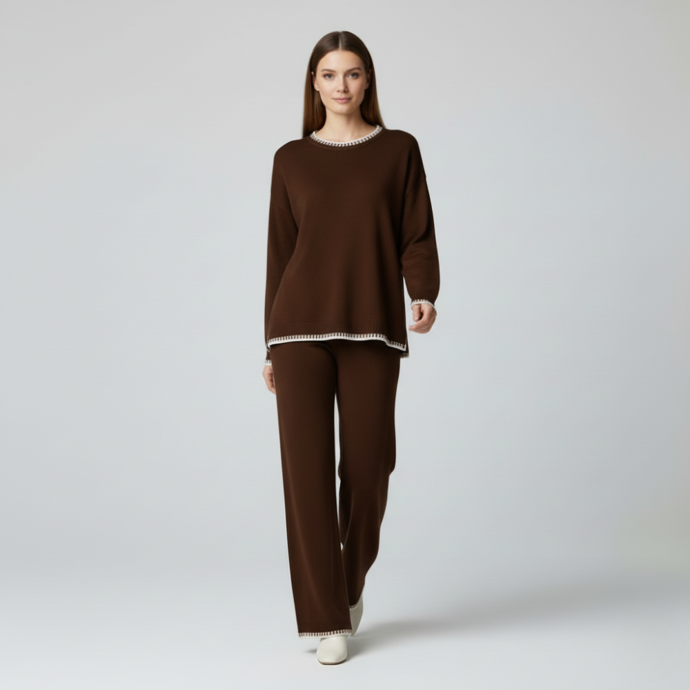 Women’s deep brown knit sweater and wide leg pants set