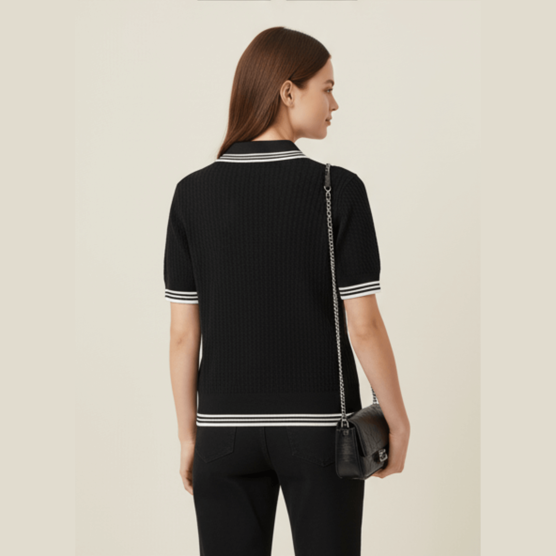 Black polo knit top with contrast white stripes By Sissy Boy
