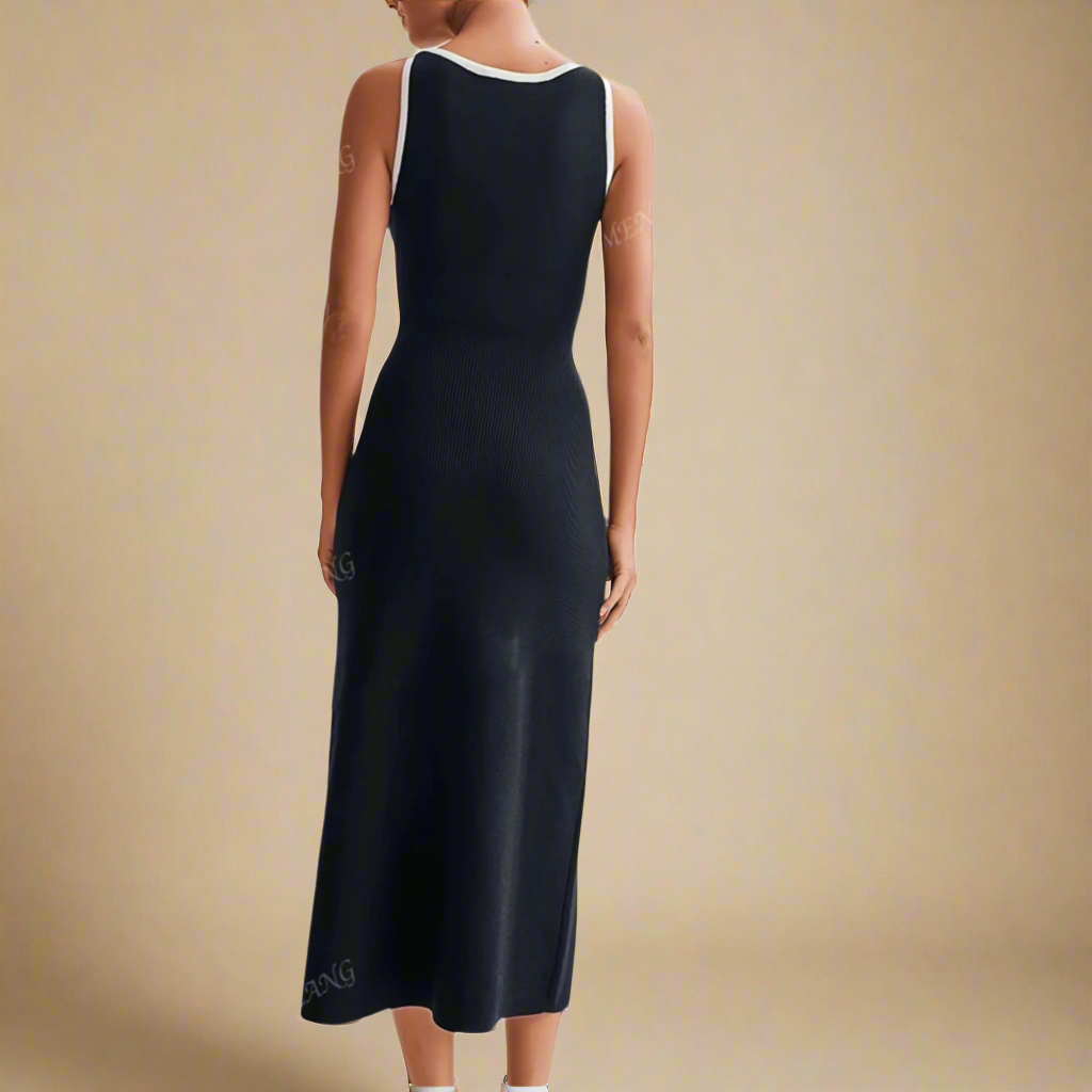 Monroe - Black Contrast Button Midi Dress