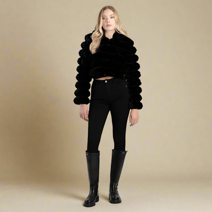 Sissy Boy Sweet and Simple cropped faux fur jacket in black, featuring a plush hooded design, perfect for winter fashion.