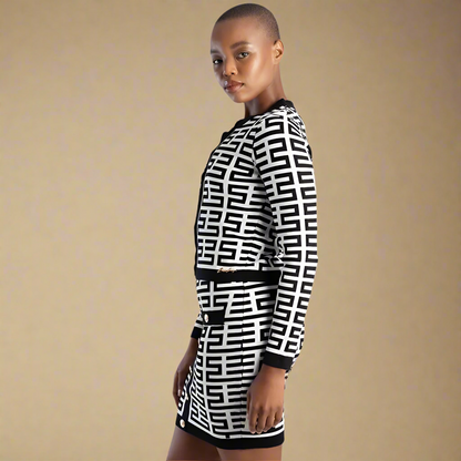 Women's trendy knit cardigan and skirt outfit, ideal for office or formal events