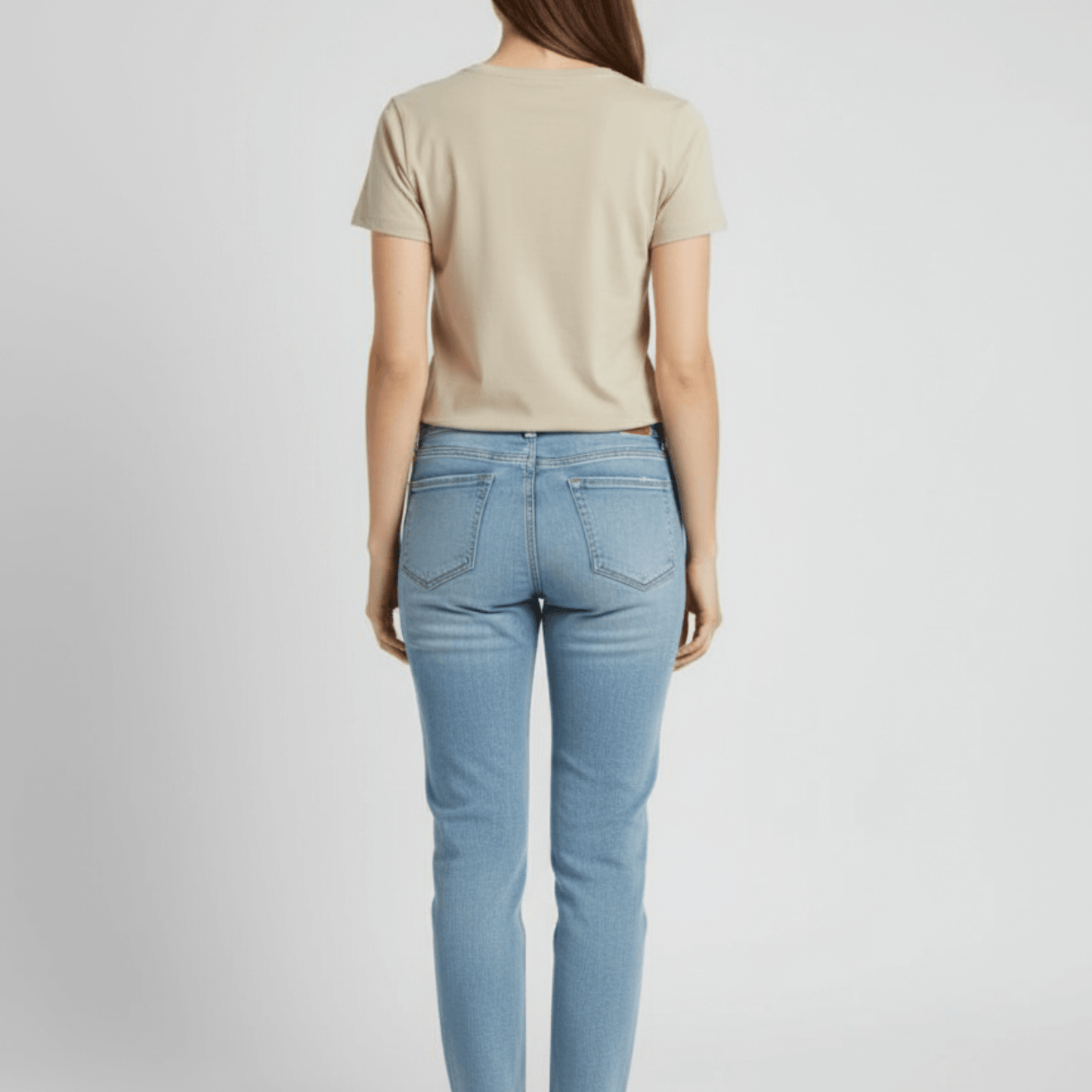 Sissy Boy In Full Bloom Tee in stone color, regular fit, modeled with classic blue jeans 
