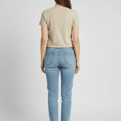 Sissy Boy In Full Bloom Tee in stone color, regular fit, modeled with classic blue jeans 