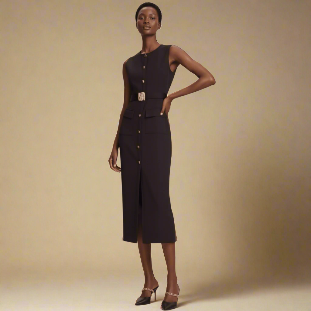 Modern Dynasty Sandy Black Maxi Dress profile view showing tailored fit and waist belt
