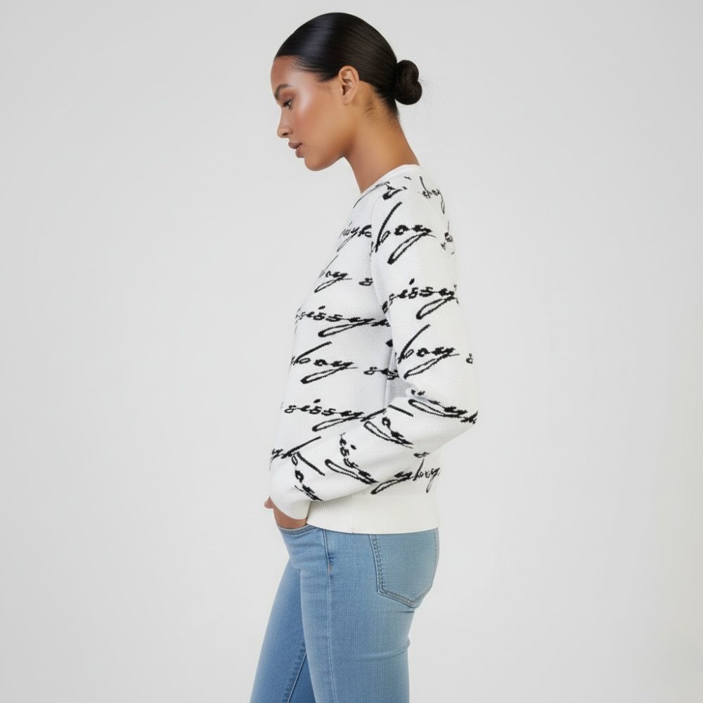 White and black Sissy Boy knit top with logo print women’s winter fashion essential