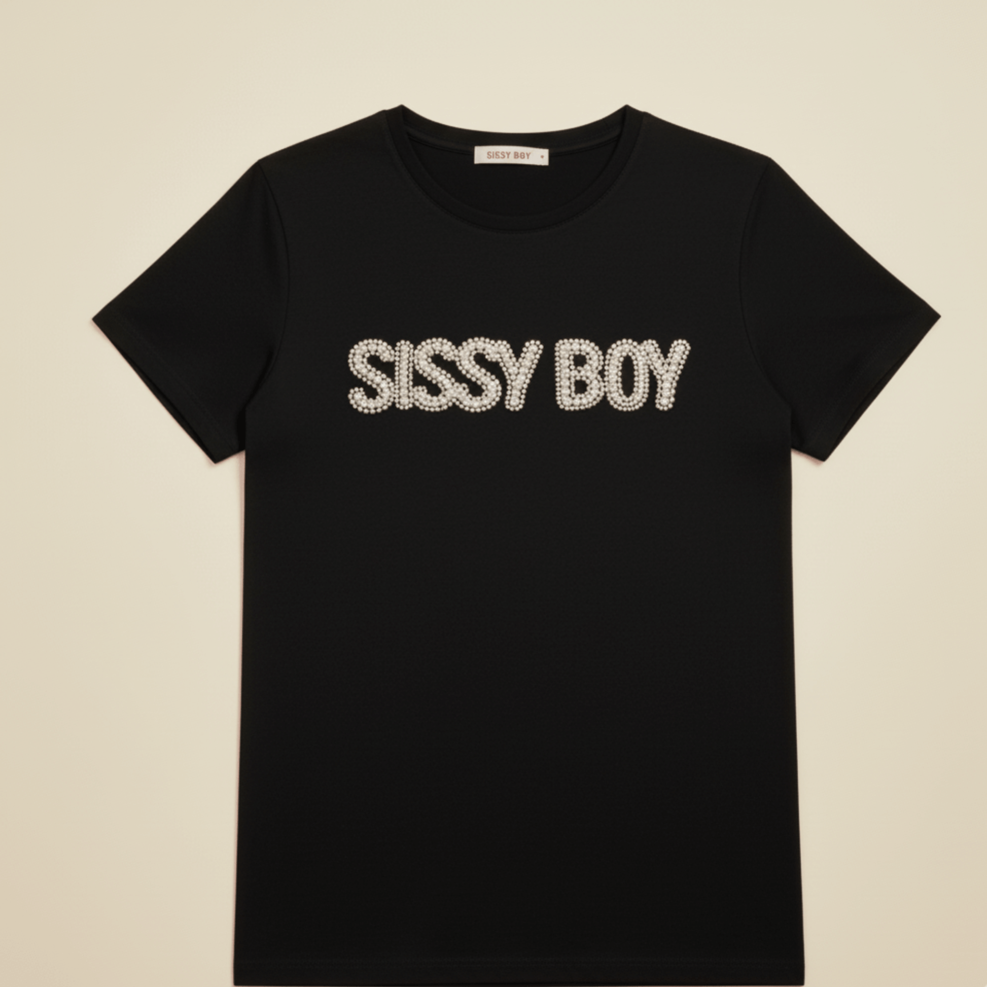Sissy Boy women’s black T-shirt with pearl and rhinestone logo, soft cotton blend fabric