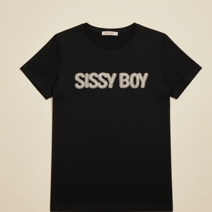 Sissy Boy women’s black T-shirt with pearl and rhinestone logo, soft cotton blend fabric