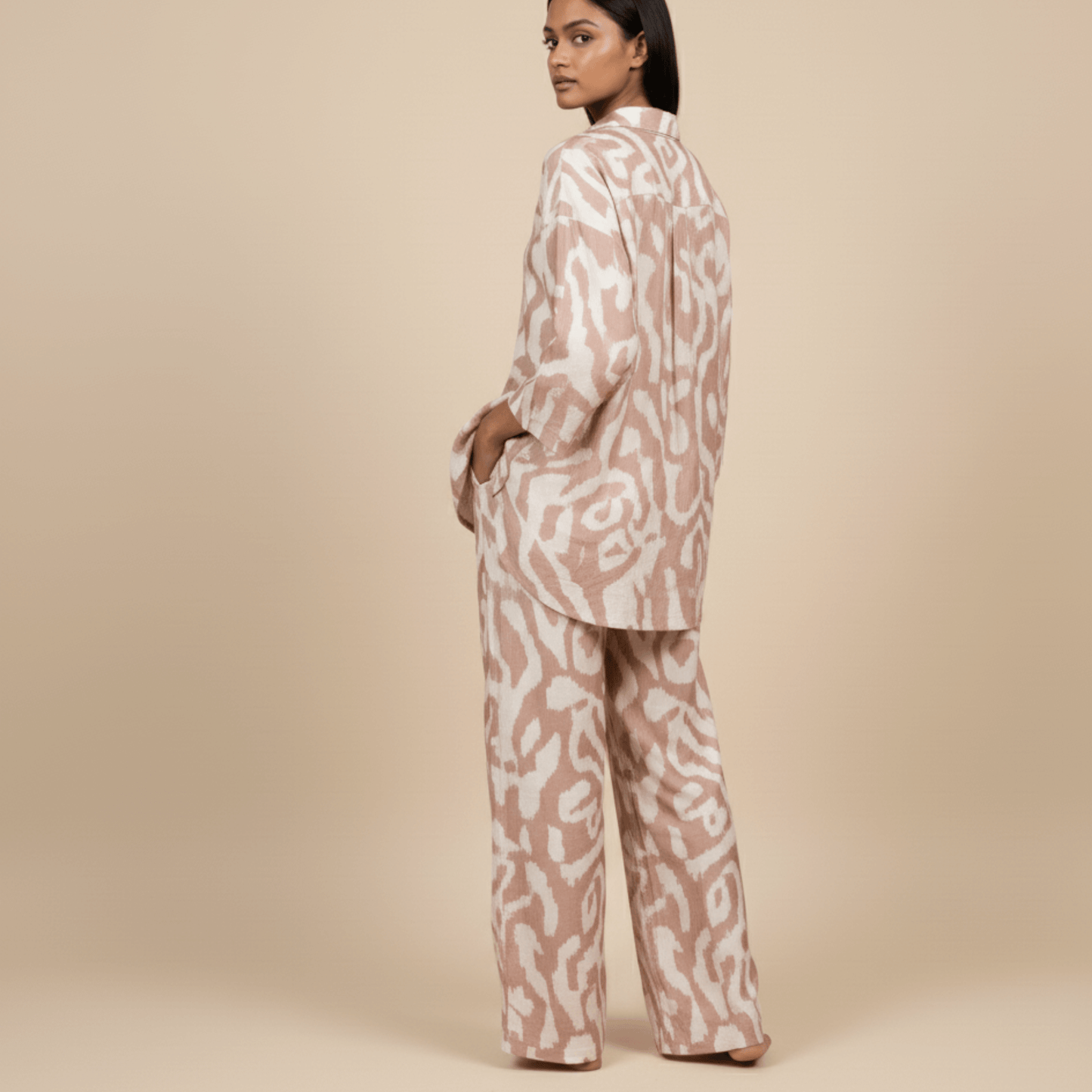 Modern Dynasty beige co-ords with abstract print