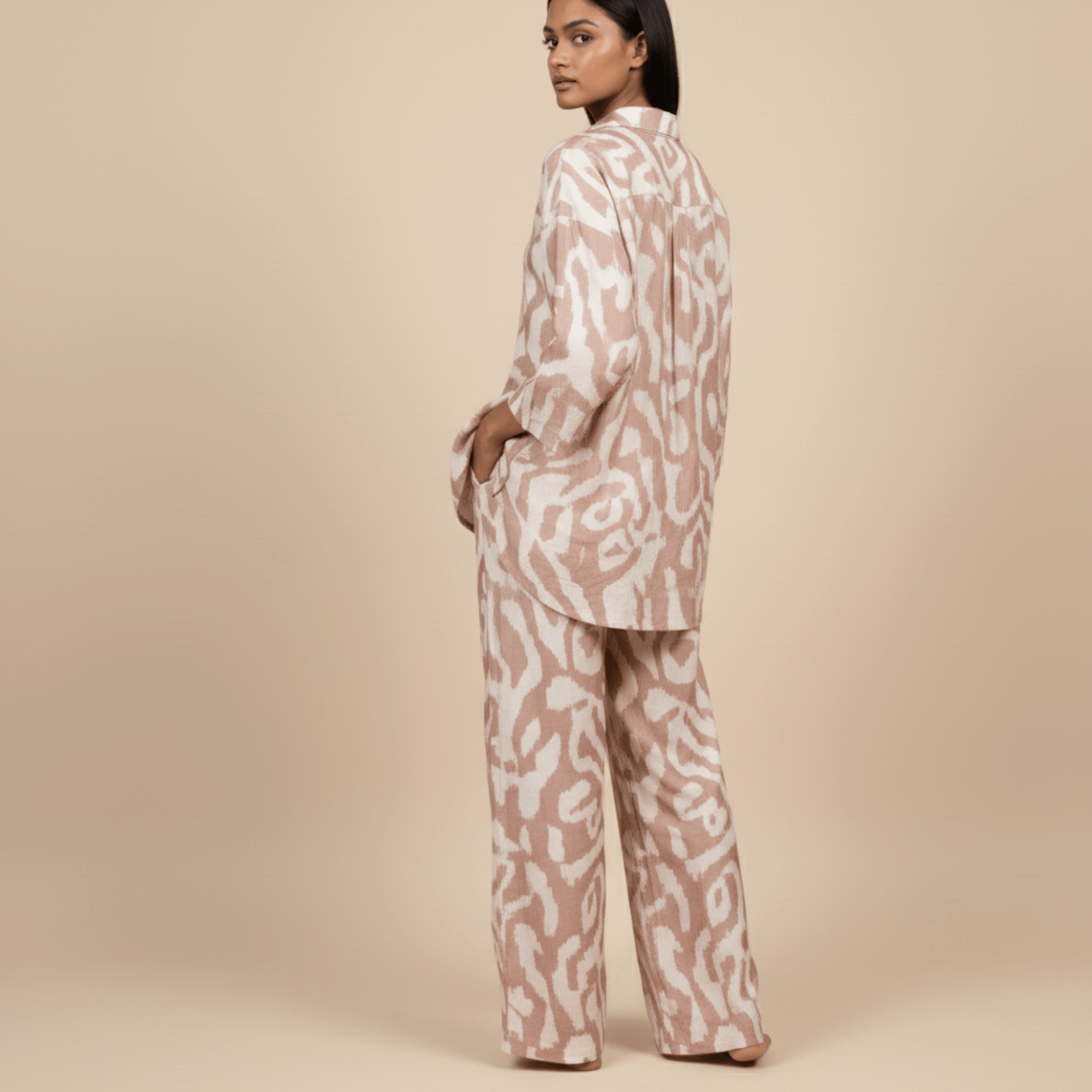 Modern Dynasty beige co-ords with abstract print