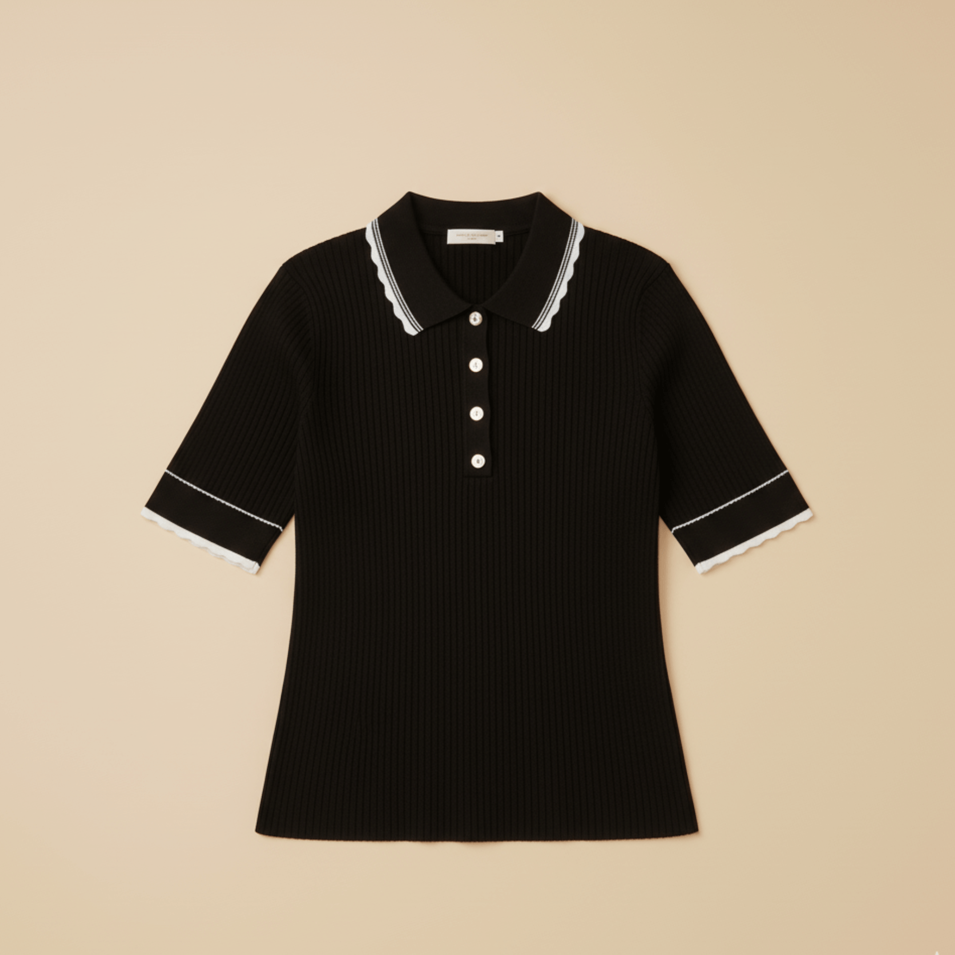 Tee Time black golf shirt styled with white contrast collar and cuffs