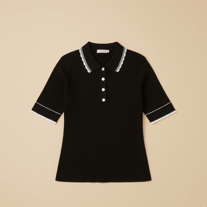 Tee Time black golf shirt styled with white contrast collar and cuffs