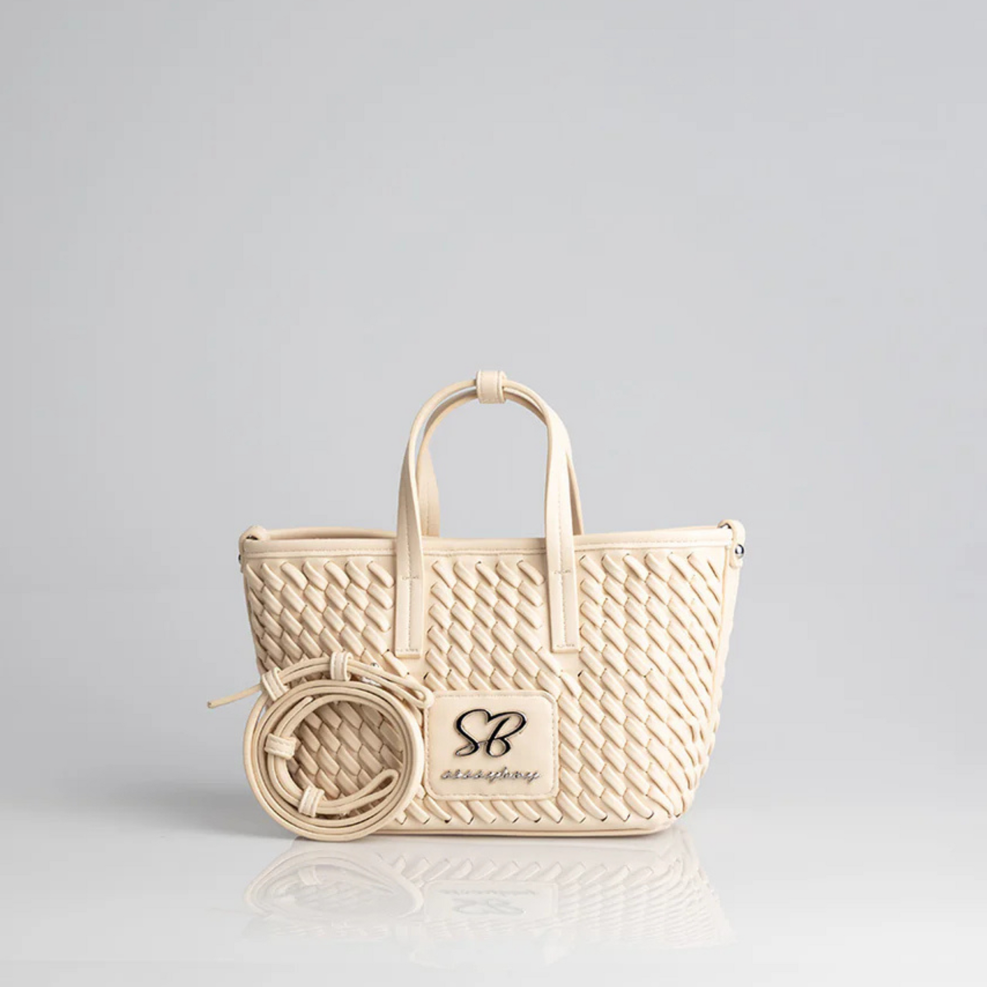 Ecru Mini Tote Bag – Stylish Woven Handbag for Women With Silver Trims