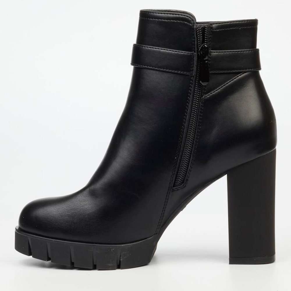 Black zip-up ankle boot with 9.5cm block heel and gold detail