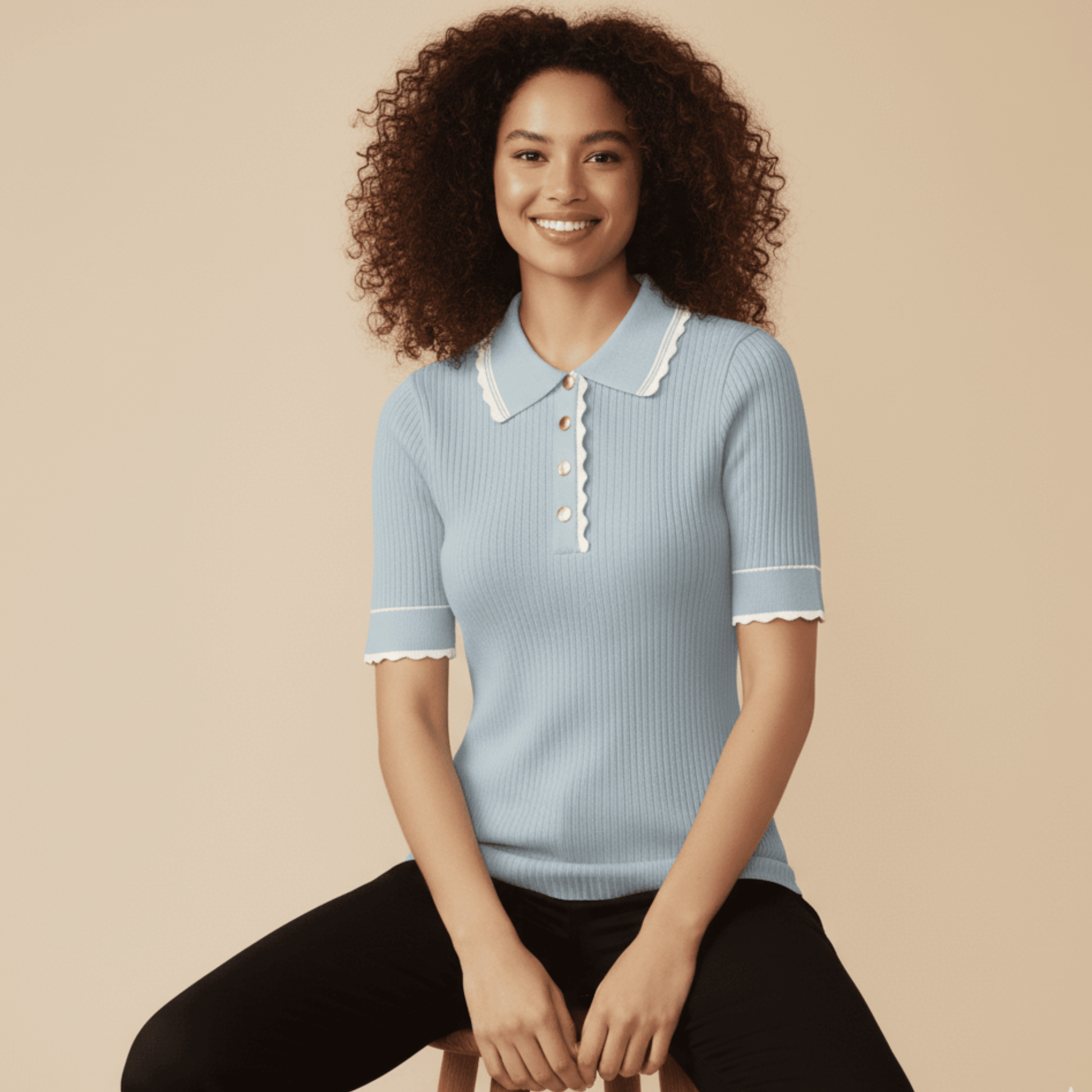 Powder blue short sleeve knit shirt for women