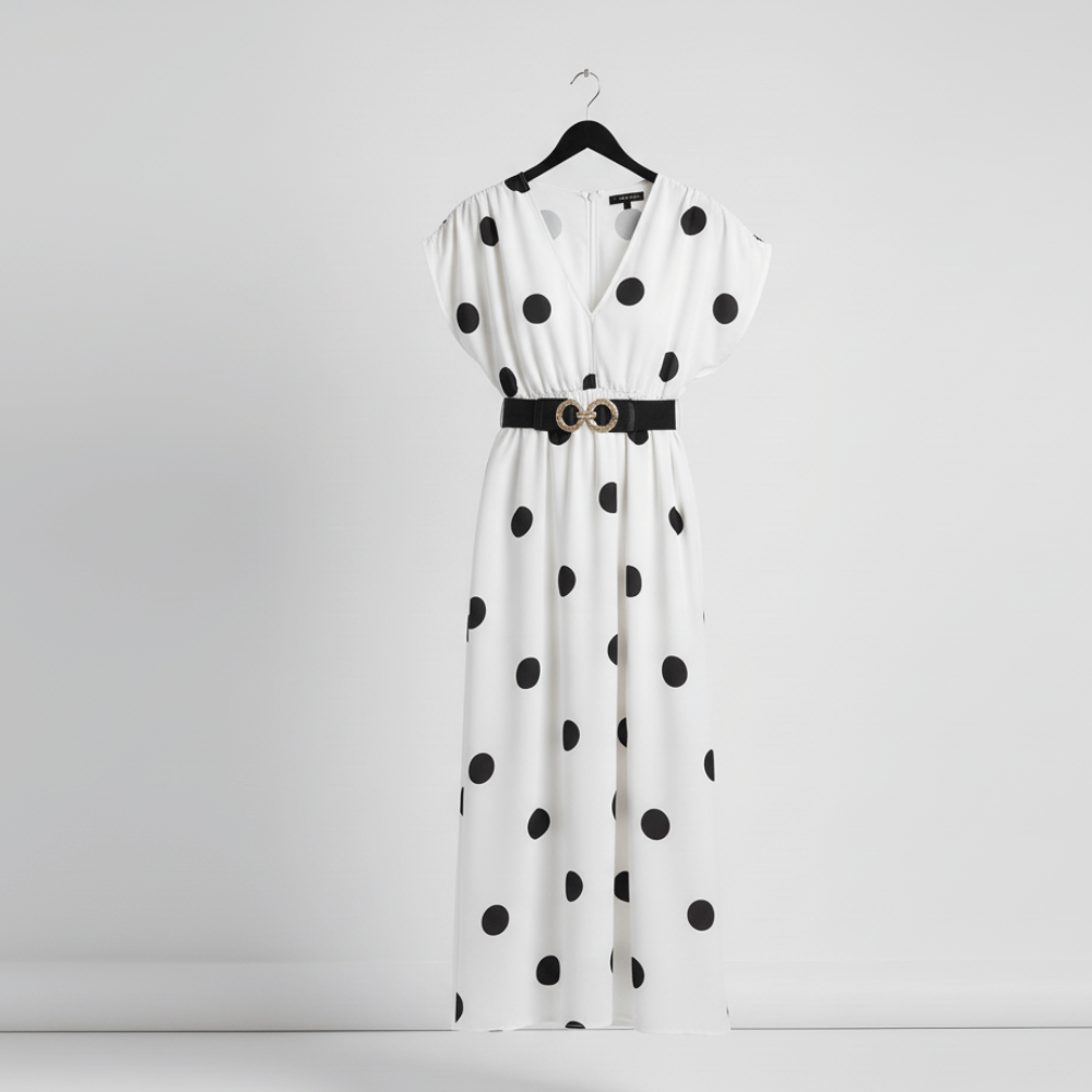 Black and white patterned dress with belted waist.