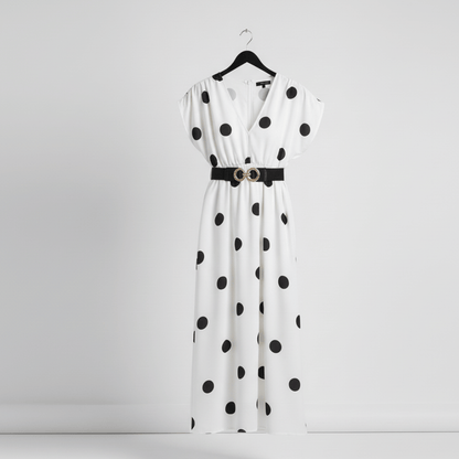 Black and white patterned dress with belted waist.